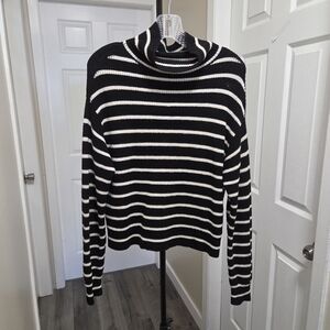 Kit + Ace Merino Wool Blend Striped Sweater Black White Mock Neck Lightweight